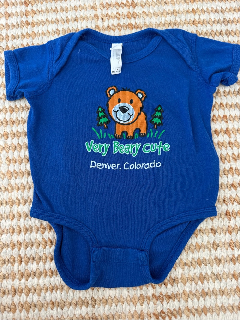 Rabbit Skins Blue Bear Graphic Print Cotton Short Sleeve Snap Bodysuit 12M
